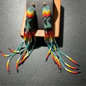 Vintage Native American Seed Bead Fringe Dangle Earrings Colorful Tribal